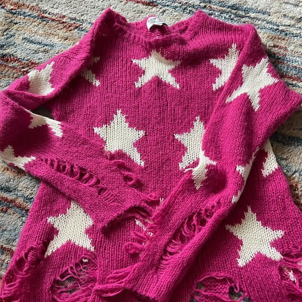 Girls long sleeve distressed knit sweater with stars